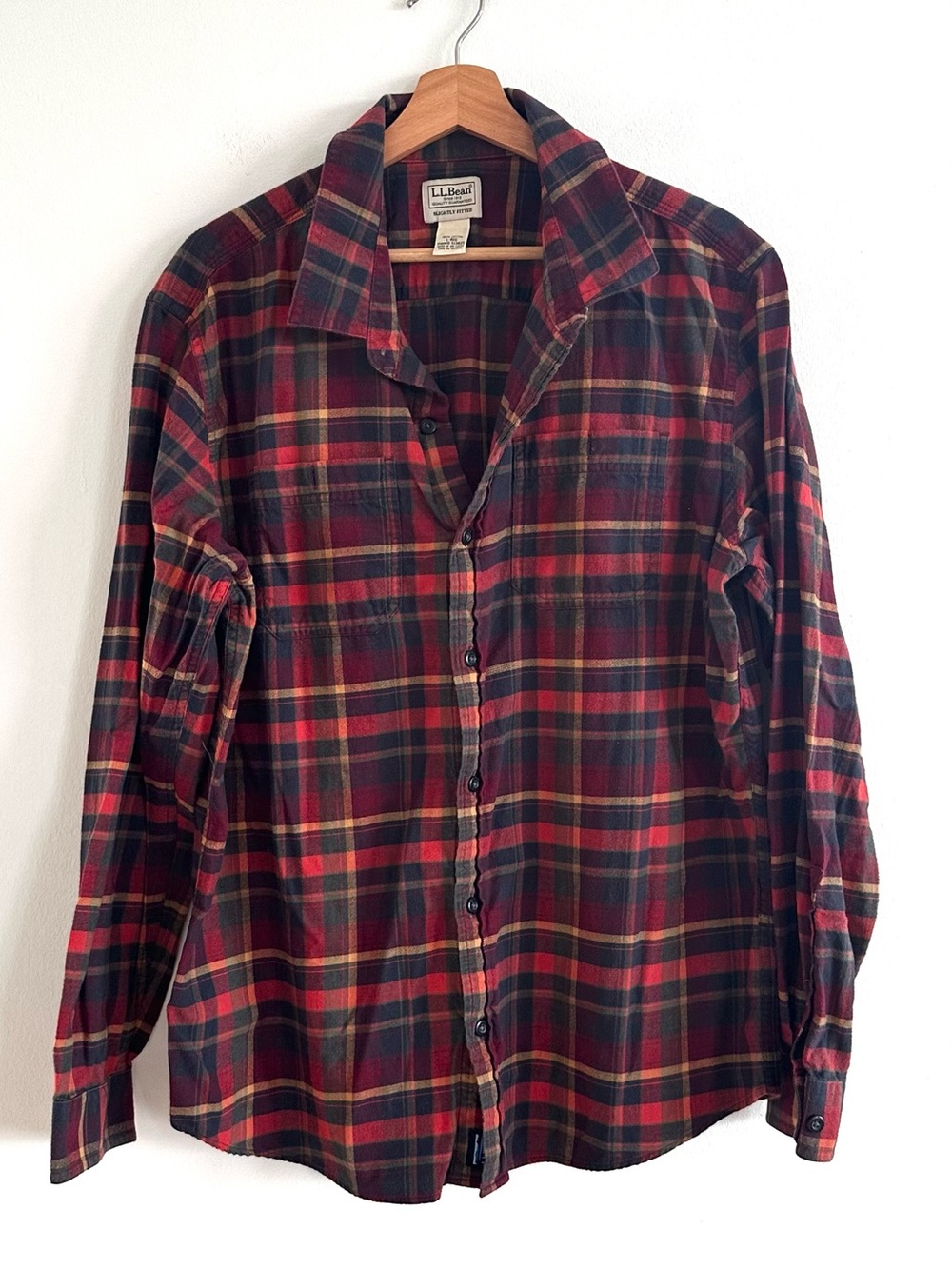 LL Bean cotton flannel lumberjack hipster red plaid slightly fitted shirt large